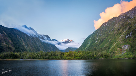 Beautiful sunset color at Harrison Cove in Milford Sound