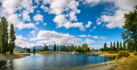 Te Anau Boating Club Marina Panorama on the shore of Lake Te Anau, New Zealand
