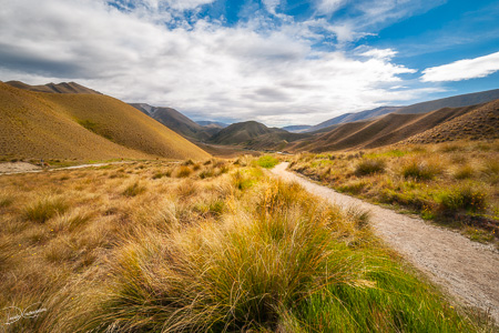 Low angle perspective view from Lindis Pass Summit in New Zealand