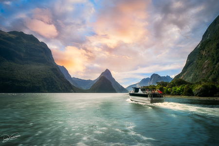 A Cruise going into Sunset at Milford Sound