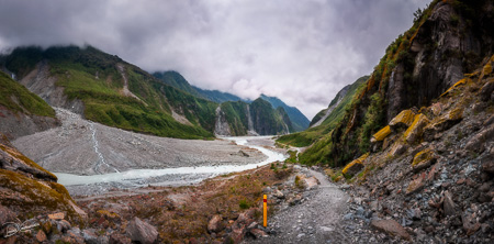 Waiho River Valley Panorama from the trail to Franz Josef Glacier in NZ.