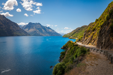 Scenic winding road at Lake Wakatipu, New Zealand